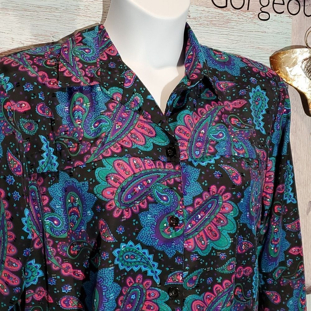 Ridge T Vintage Neon Print Satin Swiss Dot Blouse Sz XL Cottagecore Grannycore